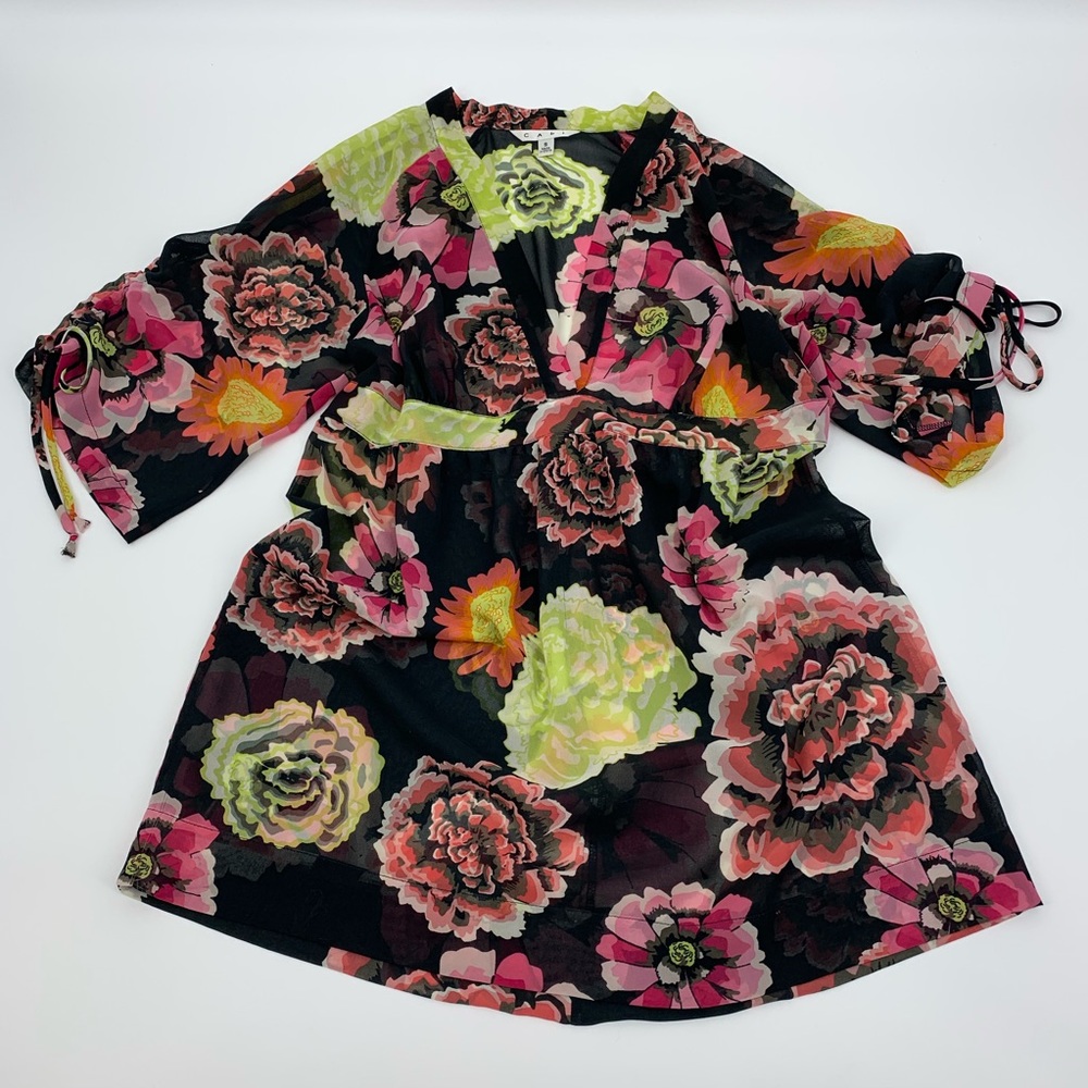 Cabi Gemini Floral Print Tunic Blouse Dress Sheer Satin Black Pink Size S